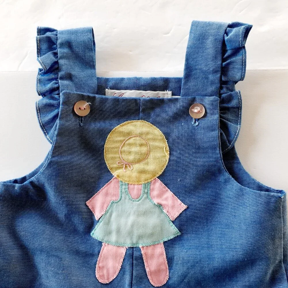 Vintage Girls Romper Overall Chambray Ruffle Maggie Mackall Blue Small 6 Months